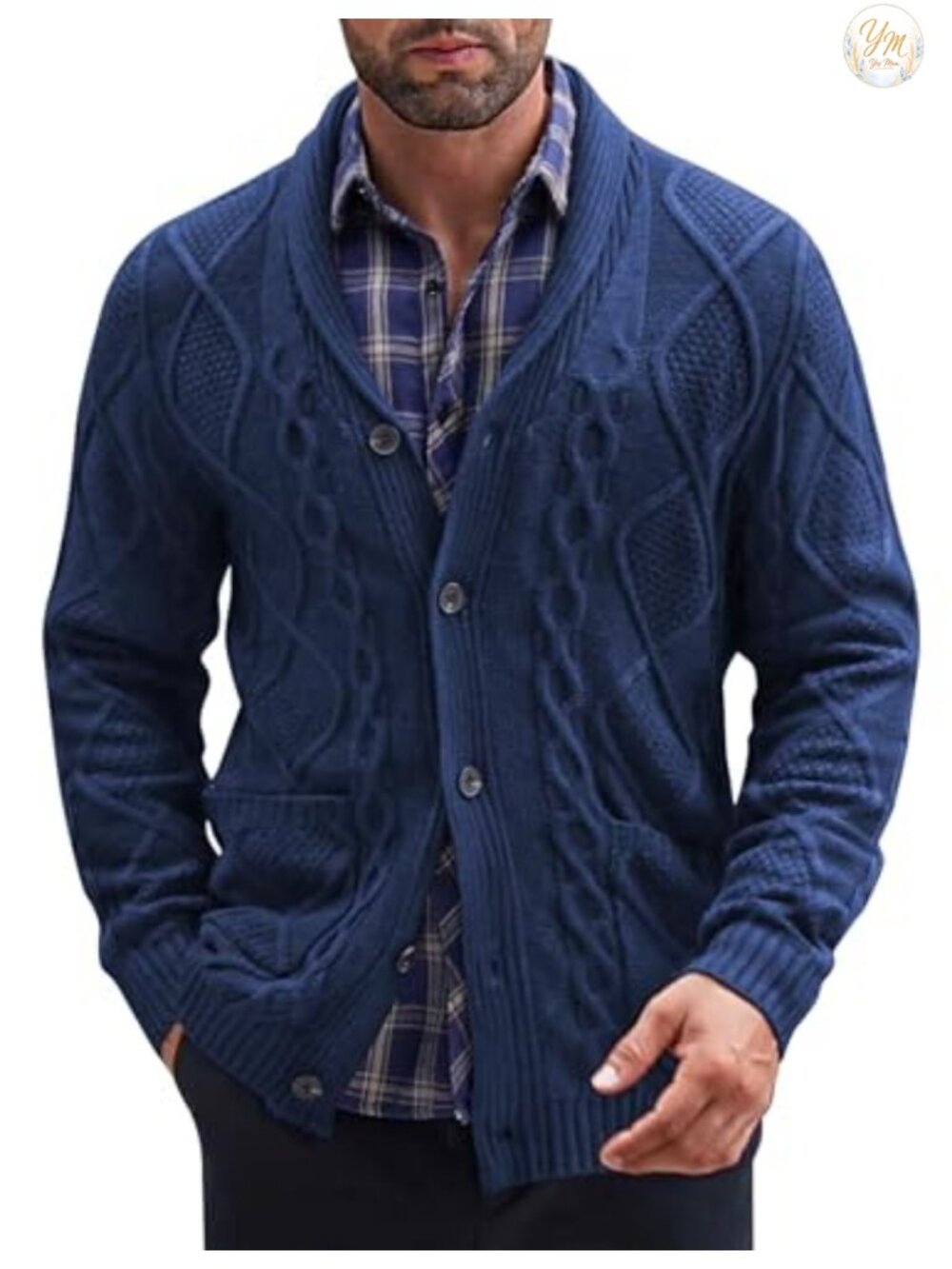 Mens Shawl Collar Cable Knit Button Down Cardigan Sweater Slim Fit Pockets